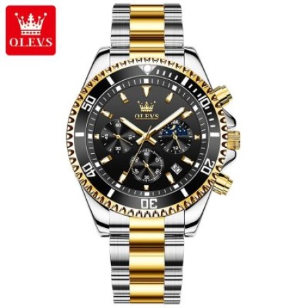 OLEVS 2870 Black Silver Moon Phase Multi-function Stainless Chronograph Sports Calendar Watch for Man.